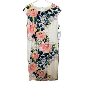 London Times 16 White Long Sheath Pink Roses Floral Sleeveless Dress